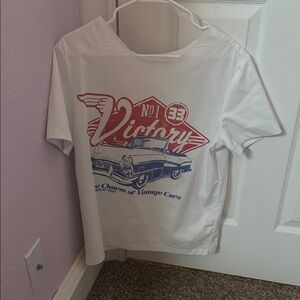 White Graphic Tee with Vintage Car Print